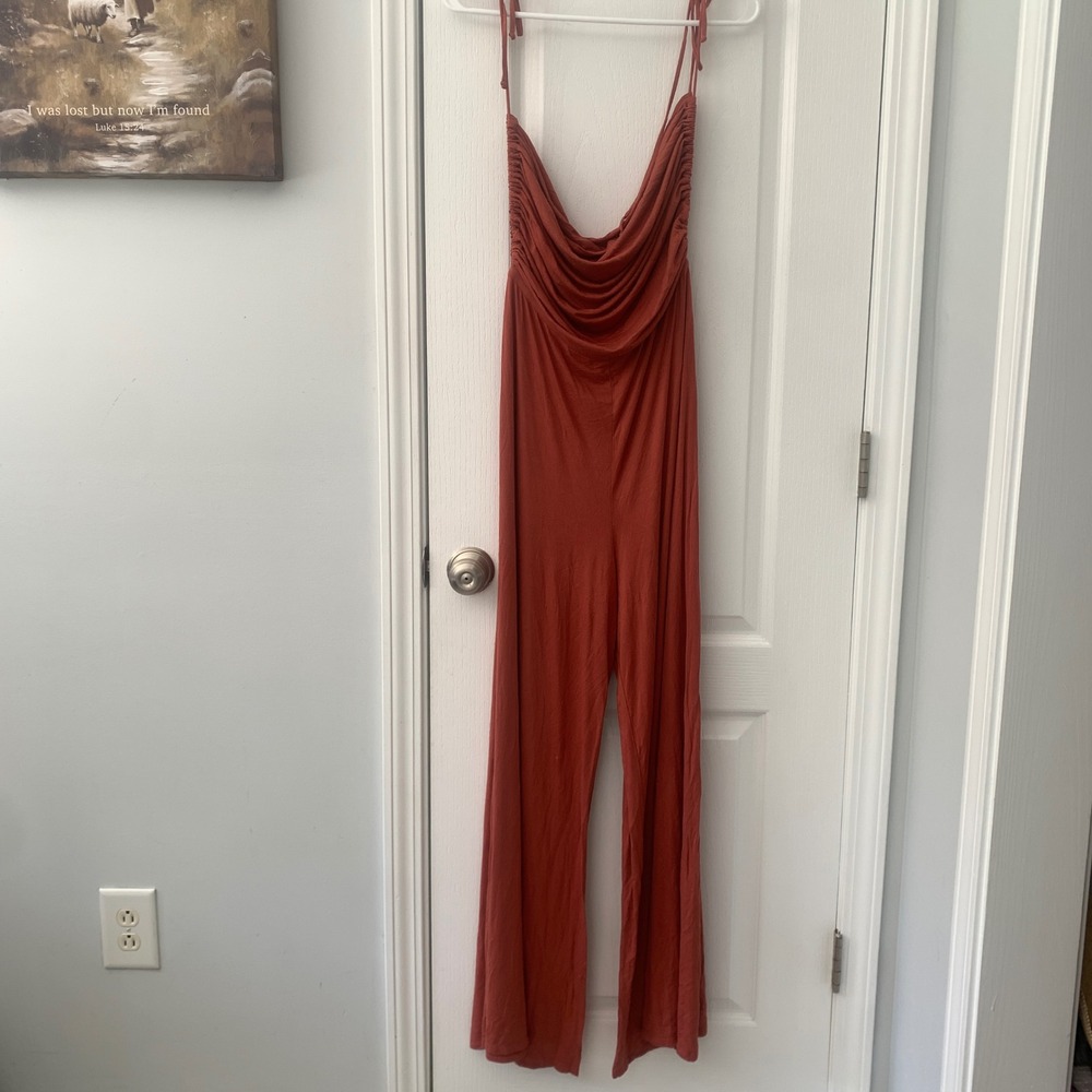 FP Beach Free People Rust Orange Cowl Neck Tie Strap Wide Leg Jumpsuit Medium